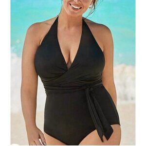 NEW Swimsuits for All 14 Ruched Tie Front One Piece Halter Swimsuit Black 025